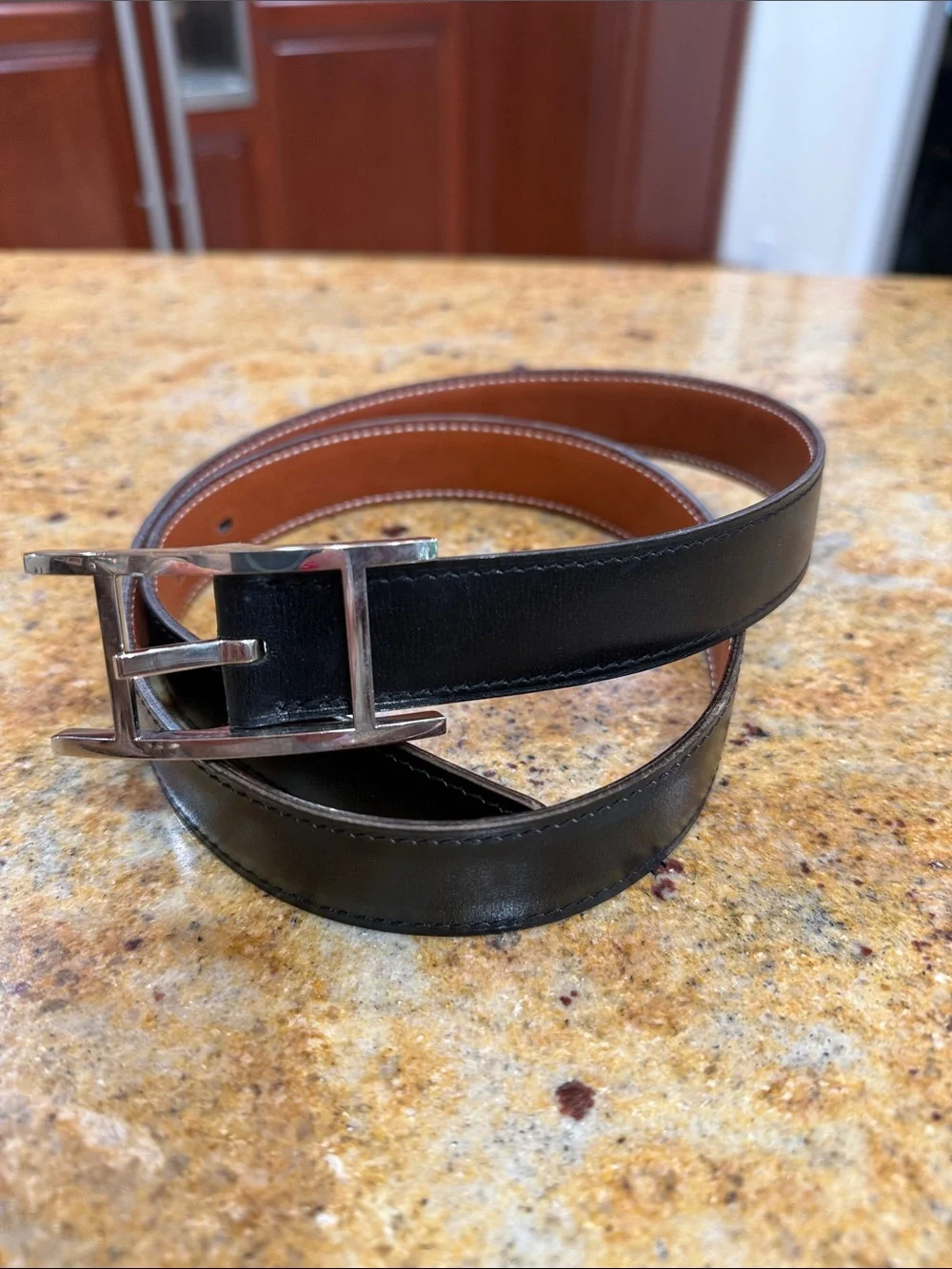 Hermes Reversible Black and Brown Leather Belt with H Buckle